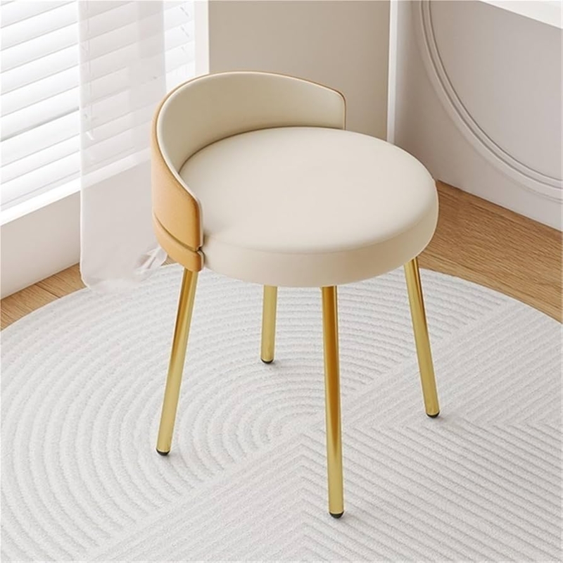 Vanity Stool Two-Toned Tan Backrest Cream Seat Gold Tapered Legs