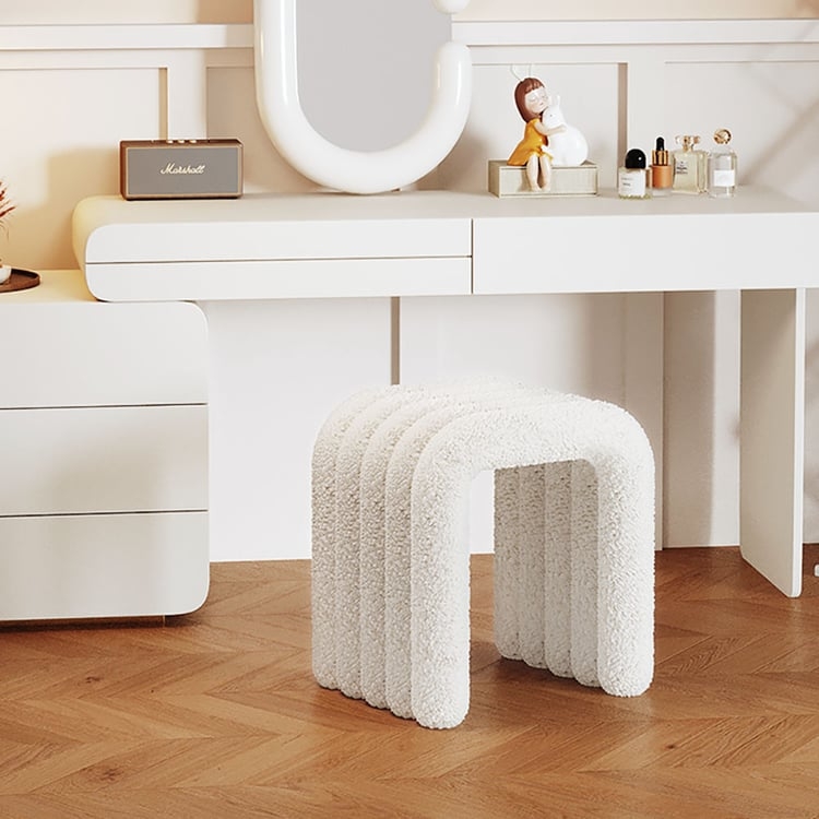 Vanity Stool White Boucle Arched Base Ribbed Construction Backless