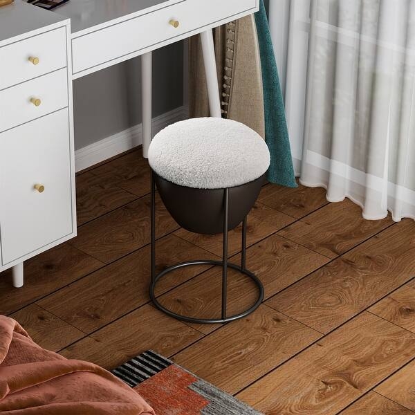 Vanity Stool White Boucle Bowl Seat Black Metal Frame Modern Accent