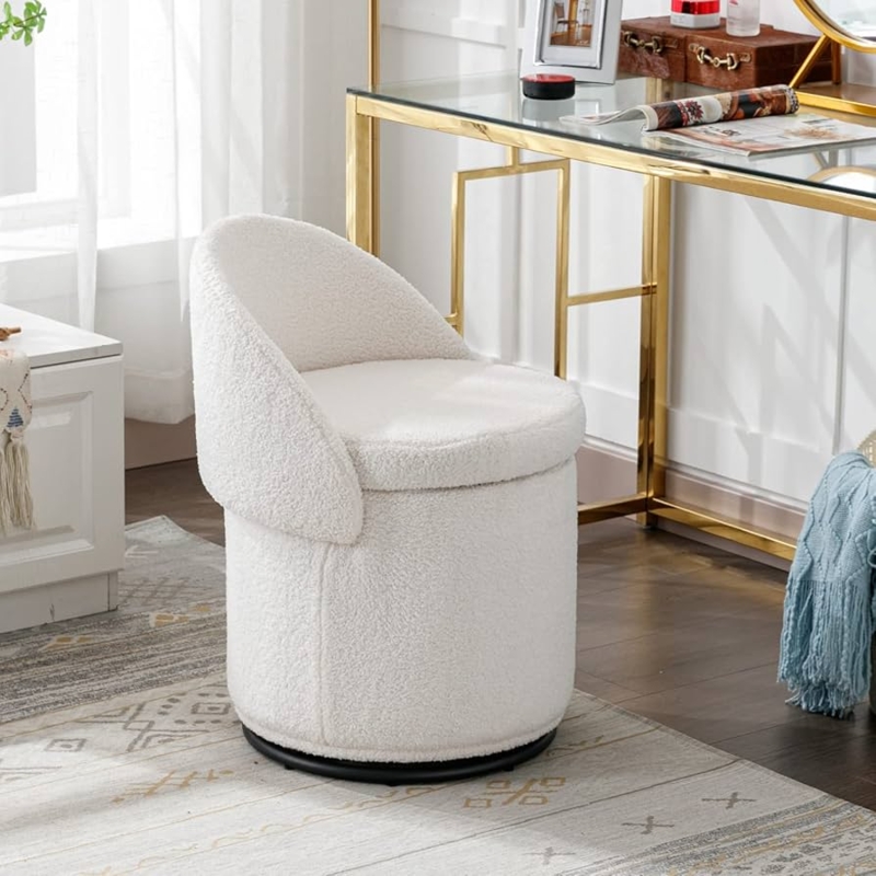 Vanity Stool White Boucle Swivel Wrap Around Backrest Chic Seating