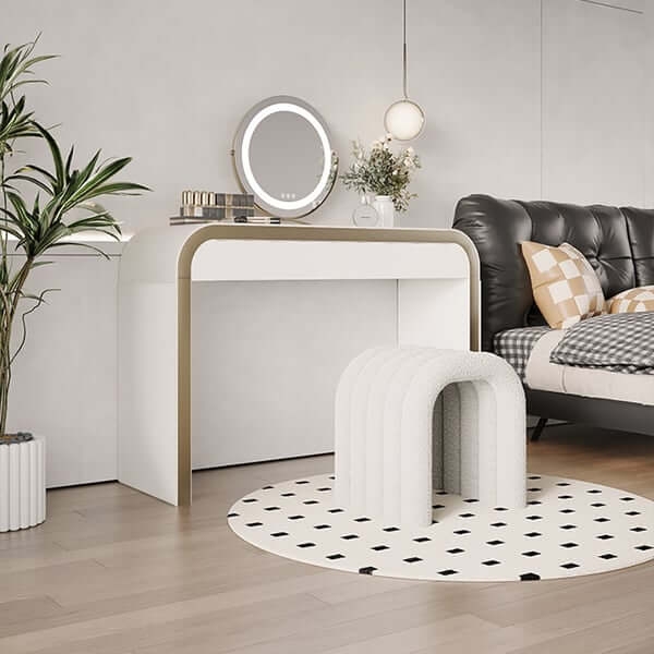 Vanity Stool White Teddy Velvet Arched Silhouette Ribbed Texture