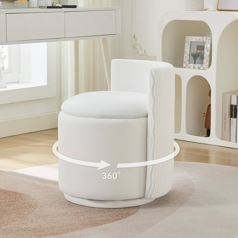 Vanity Stool White Velvet 360 Swivel Ribbed Backrest Cylindrical Base