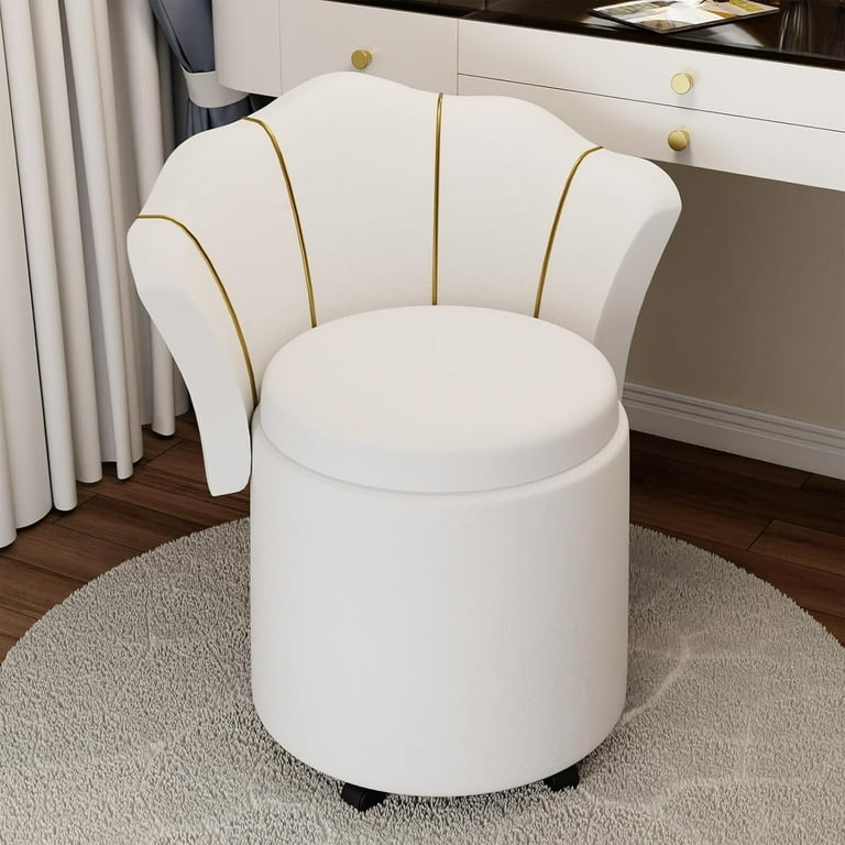 Vanity Stool White Velvet Scalloped Back Gold Trim Storage Base Casters