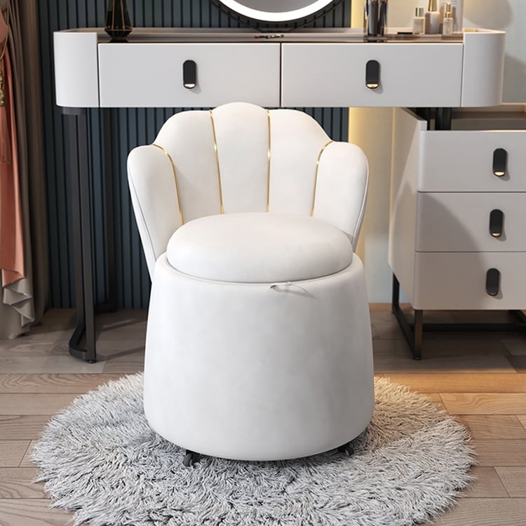 Vanity Stool White Velvet Scalloped Petal Back Gold Piping Storage