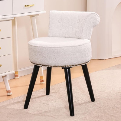 Vanity Stool with Cozy White Sherpa Texture and Low Tufted Backrest