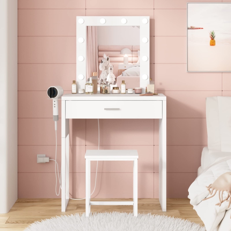 Vanity Table Set with Hair Dryer Holder and Lighted Mirror