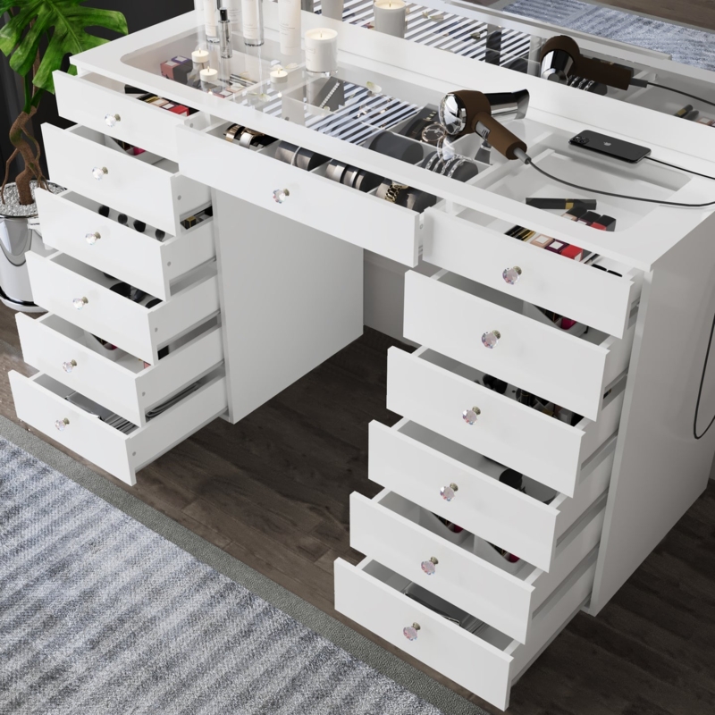 Vanity Table White with Thirteen Drawers and Faceted Crystal Knobs