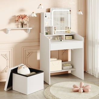 Vanity Table with Tiered Shelves and Lighted Mirror for Small Bedroom