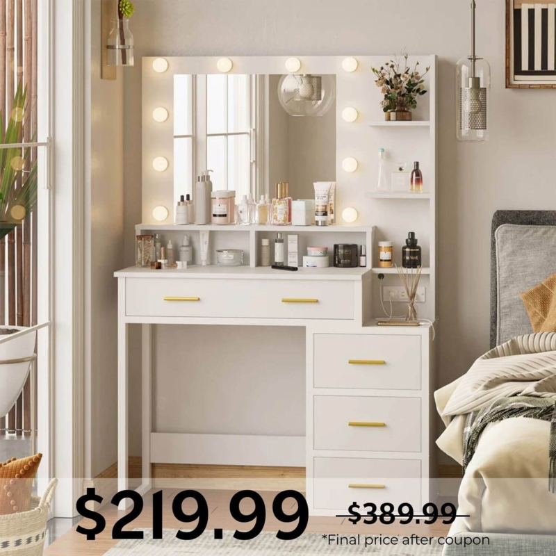 Vanity with Hollywood Lights, Tiered Side Shelves & Charging Outlet