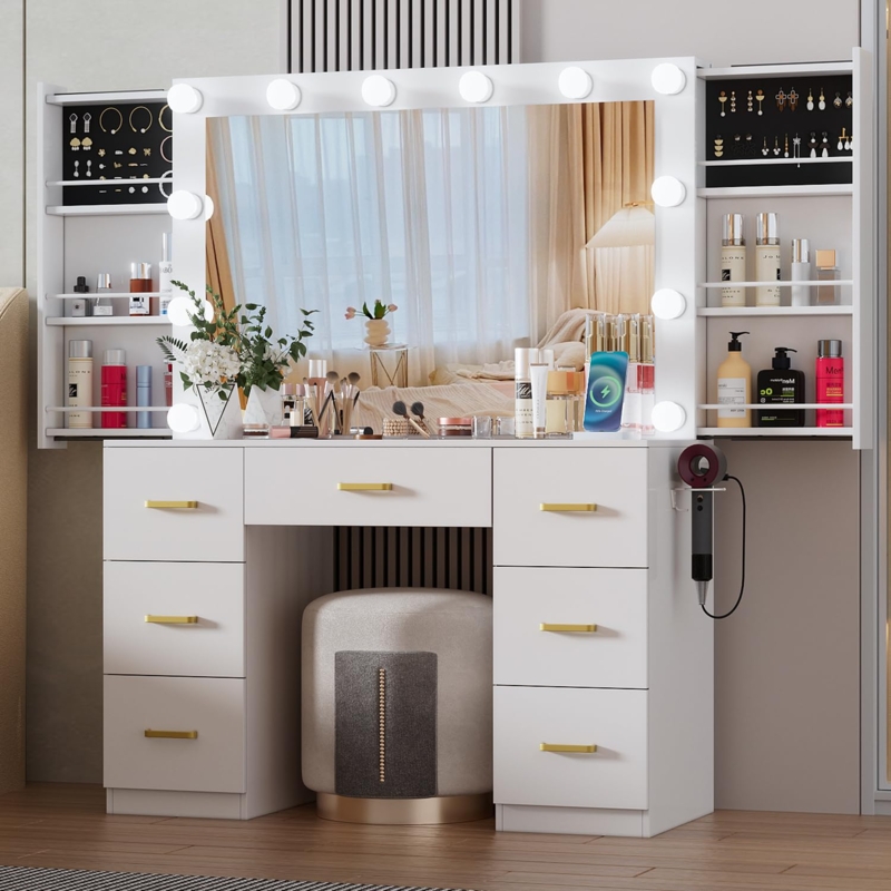 Vanity with Sliding Jewelry Wings, 12-Bulb Mirror & Hair Dryer Mount