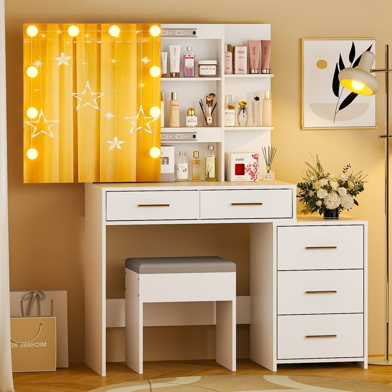 Vanity with Sliding Lighted Mirror & Asymmetrical Drawers
