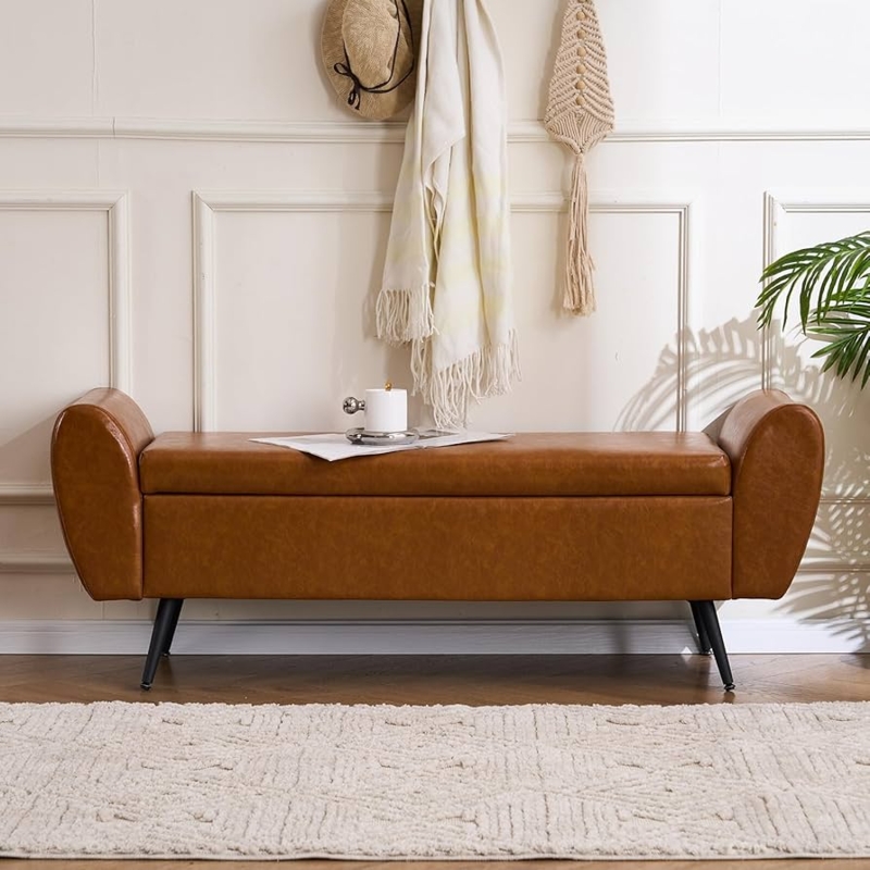 Vegan Leather Storage Bench in Camel Brown with Flared Arms