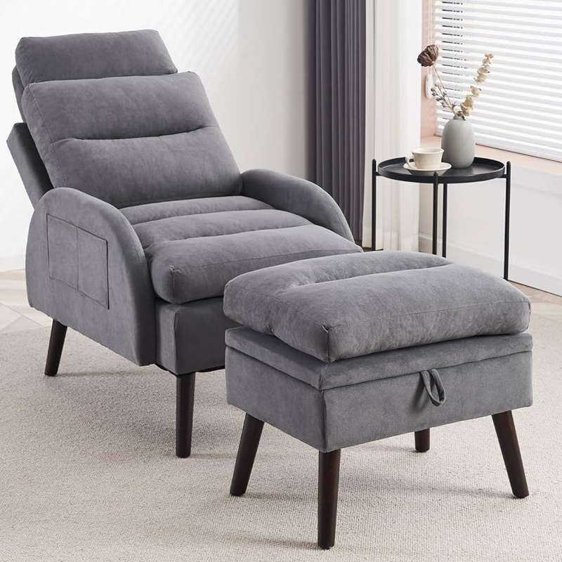 Velvet Accent Chair and Storage Ottoman with Side Pocket