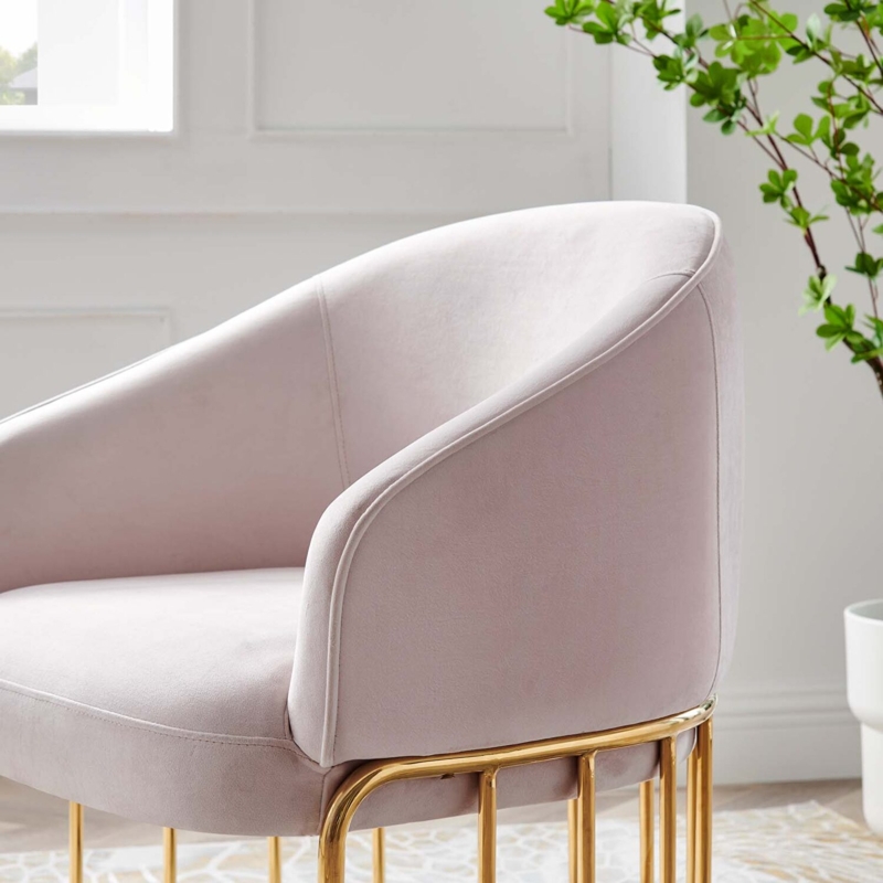 Velvet Accent Chair: Blush Upholstery, Polished Gold Cage Base.