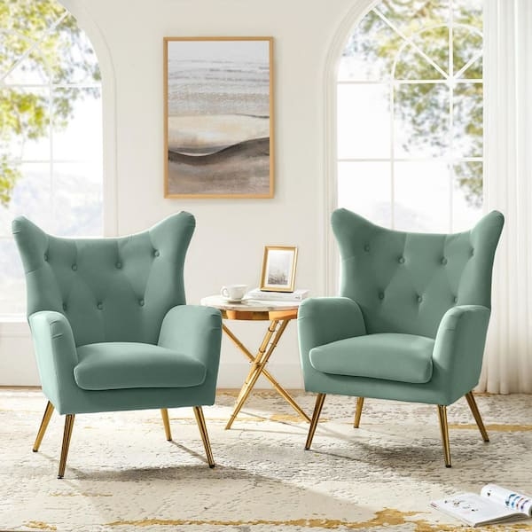 Velvet Accent Chair in Sage Green with Gold Tapered Legs and Wingback Style