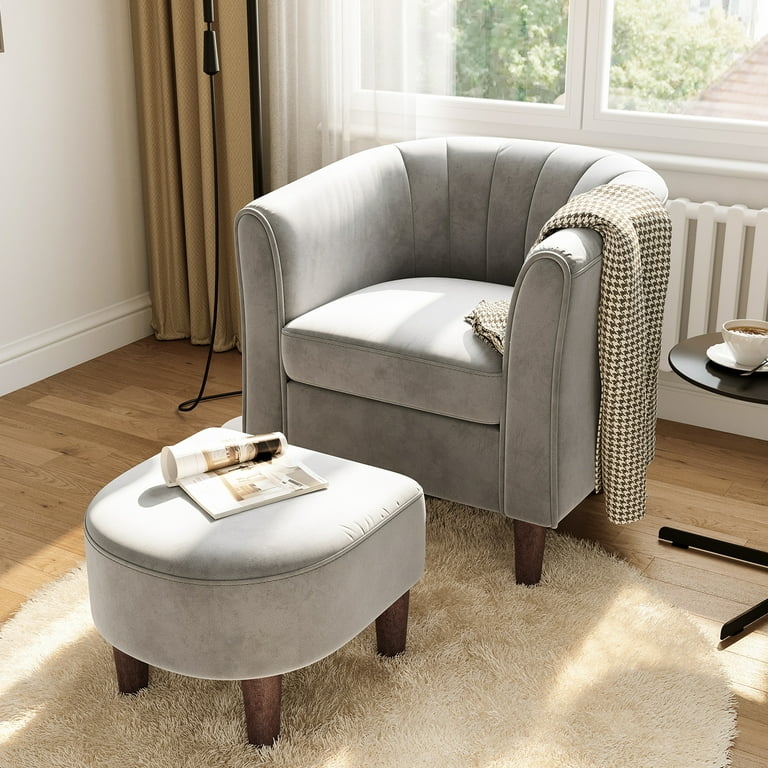 Velvet Accent Chair Set with Ottoman, Vertical Channel Tufting Detail