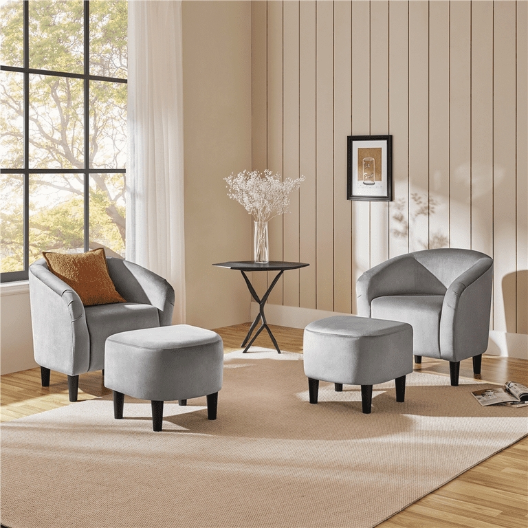 Velvet Barrel Chair Living Room Set with Matching Ottomans