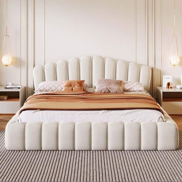 Velvet Bed Frame Cream Scalloped Headboard Vertical Channel Tufting