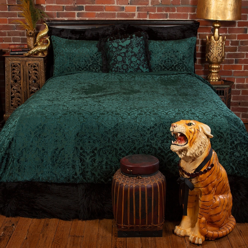 Velvet Duvet Cover Set Emerald Green Damask Traditional Glam Decor