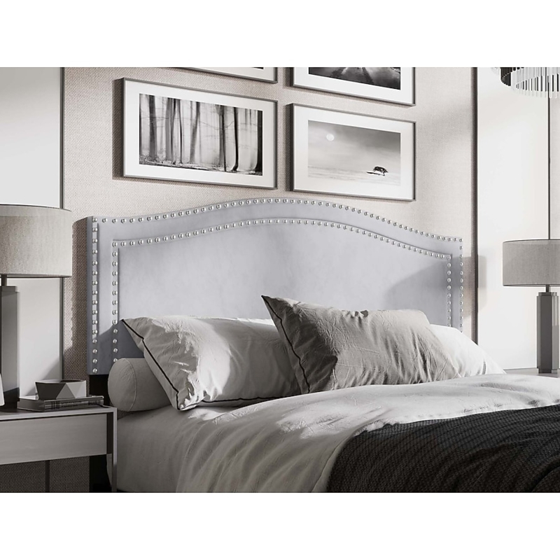 Velvet Headboard Arched Shape with Double Row Nailhead Trim Silver Grey