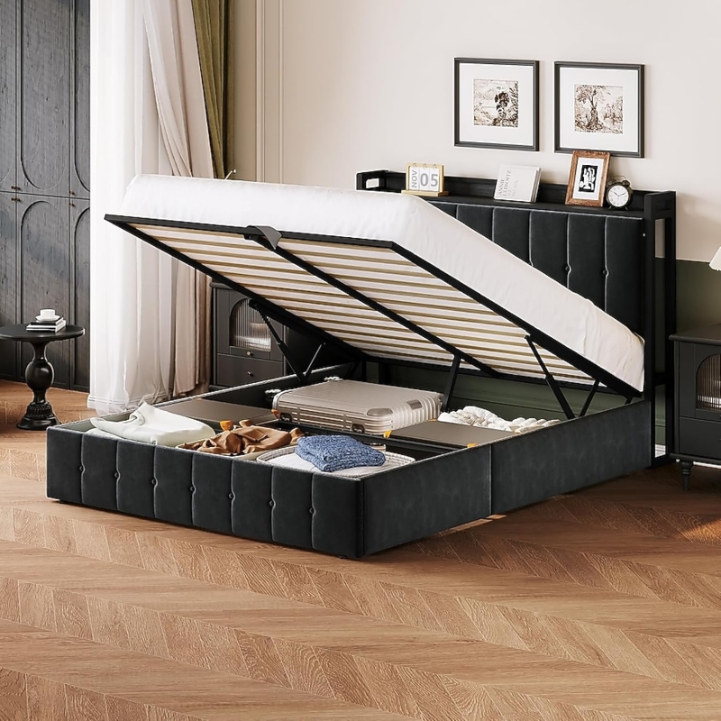 Velvet Hydraulic Lift Storage Bed with Tufted Headboard