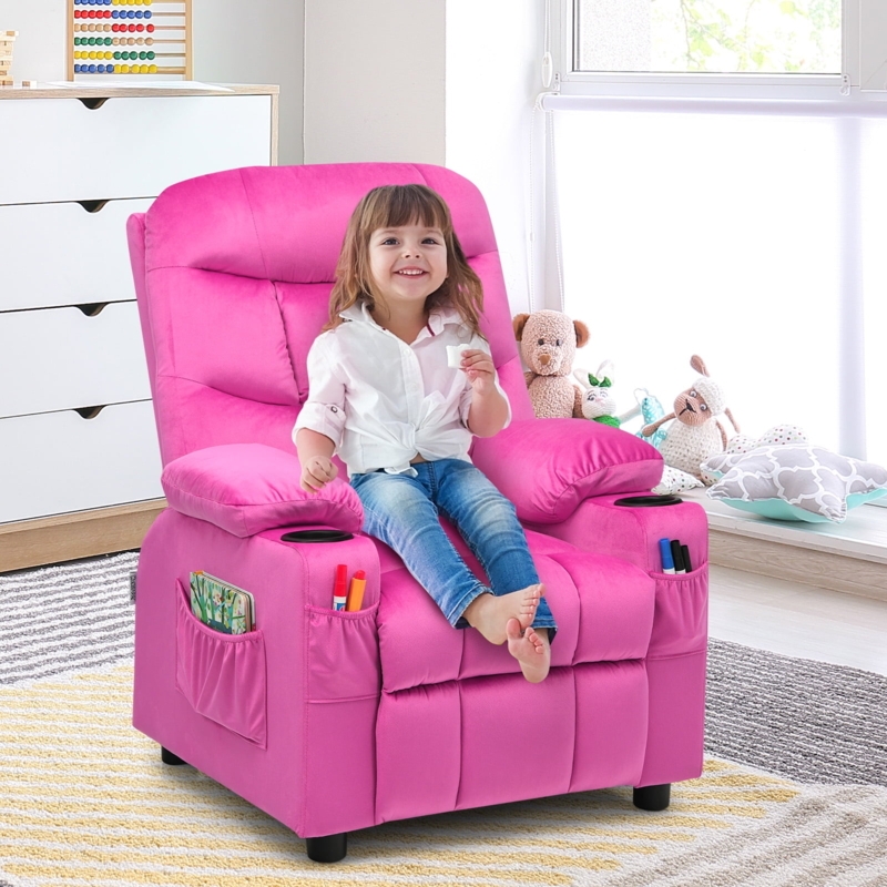 Velvet Kids Recliner with Cup Holders and Pockets, Vibrant Pink