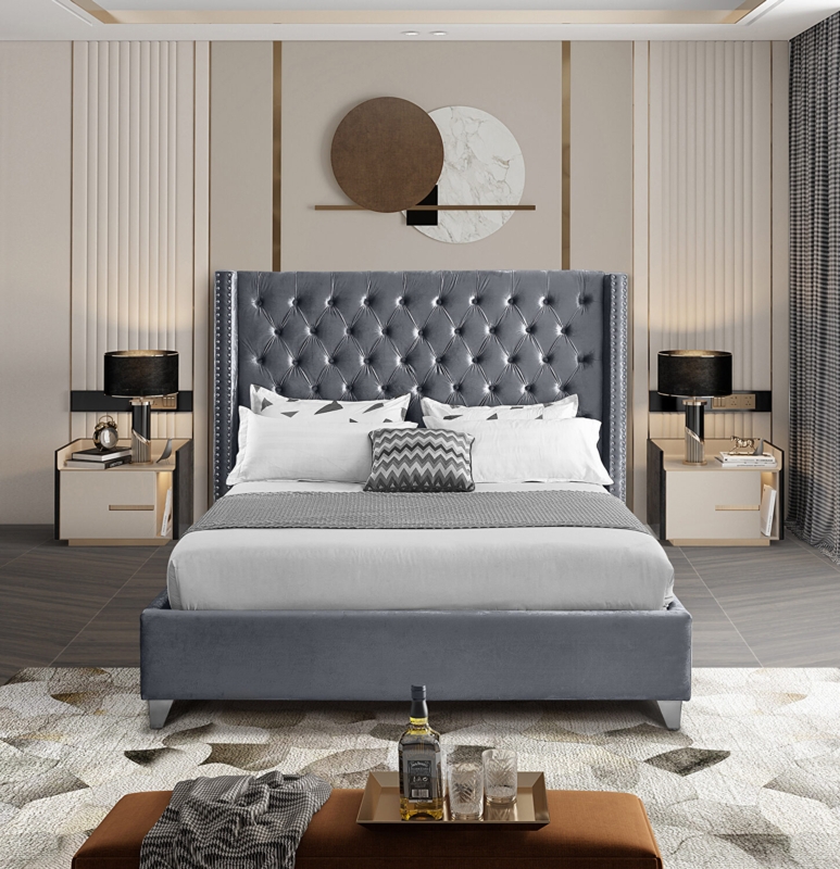 Velvet King Bed Diamond Tufted Wingback Glam Bedroom Furniture