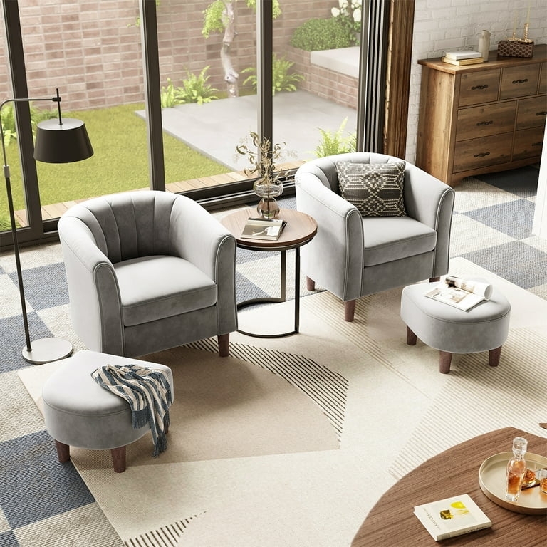 Velvet-Like Accent Chair, Light Grey with Vertical Channel Tufting & Ottoman