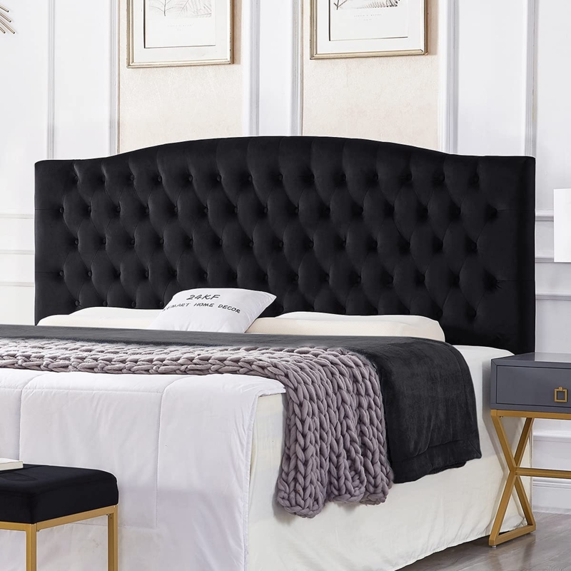Velvet Look Headboard Curved Silhouette Deep Diamond Button Tufting Glam