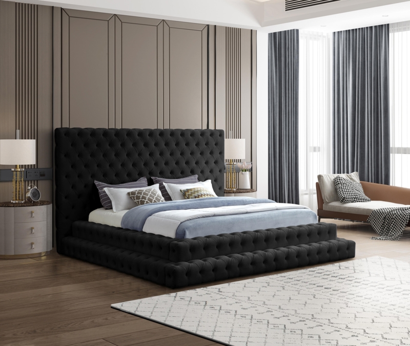 Velvet Platform Bed Tiered Wrap Around Base Diamond Tufted