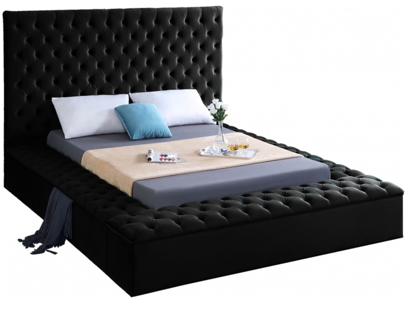 Velvet Platform Bed with Wide Tufted Ledge and Tall Headboard