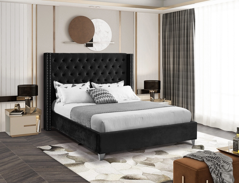 Velvet Platform Bed With Wingback Headboard And Silver Nailhead Trim