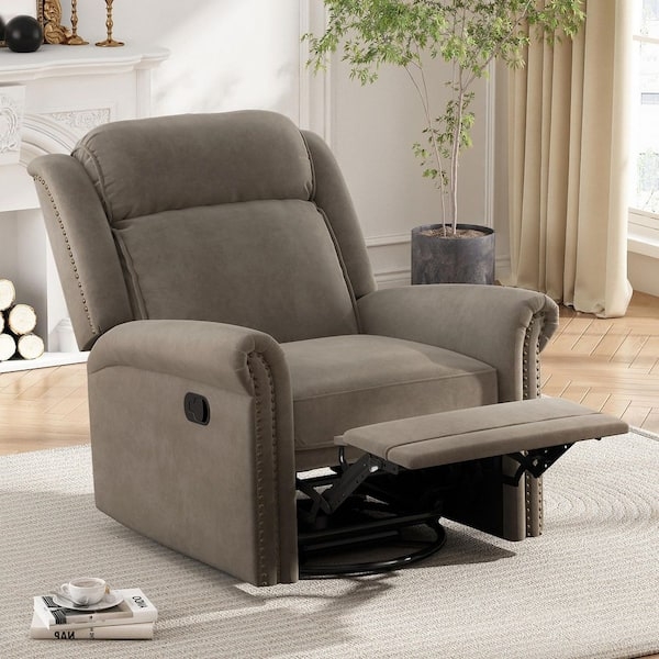 Velvet Recliner Chair, Light Brown Swivel Rocker with Nailhead Trim