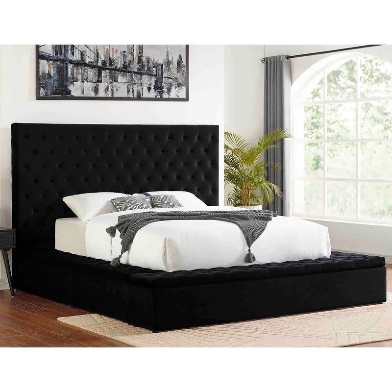 Velvet Storage Bed featuring Integrated Footboard Bench & Tall Tufting