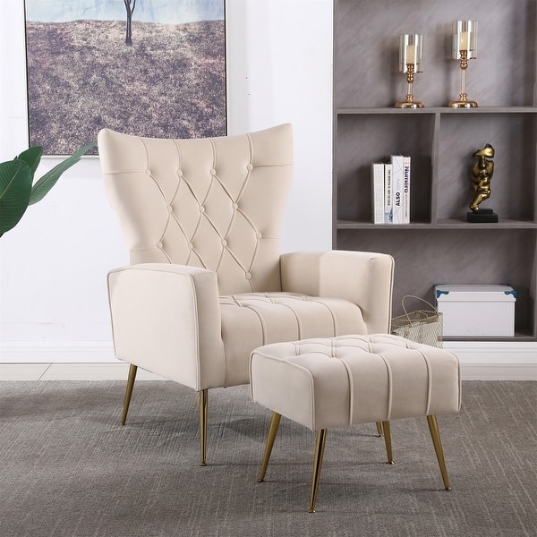 Velvet Wingback Chair Cream Gold Tapered Legs Diamond Button Tufted