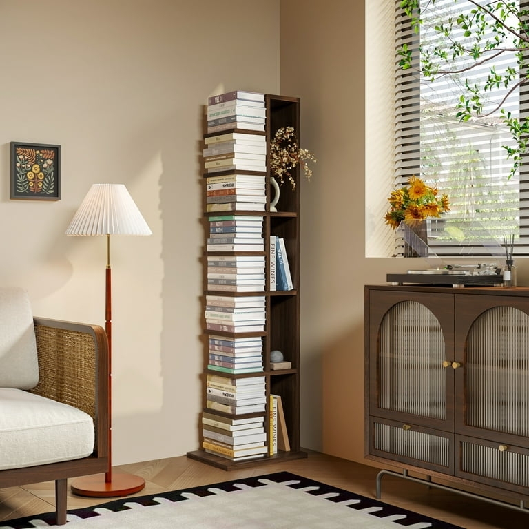 Vertical Bookcase 9-Tier Staggered Walnut Narrow Storage