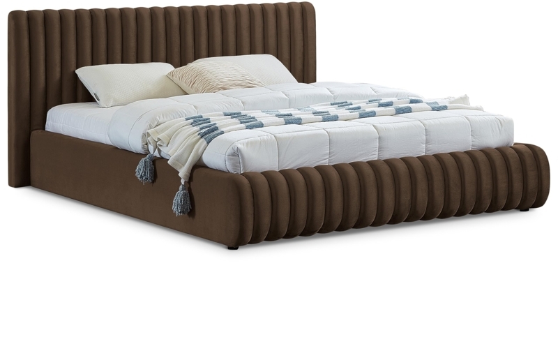 Vertical Channel Tufted Bed, Rich Brown Velvet, Ribbed Frame Base