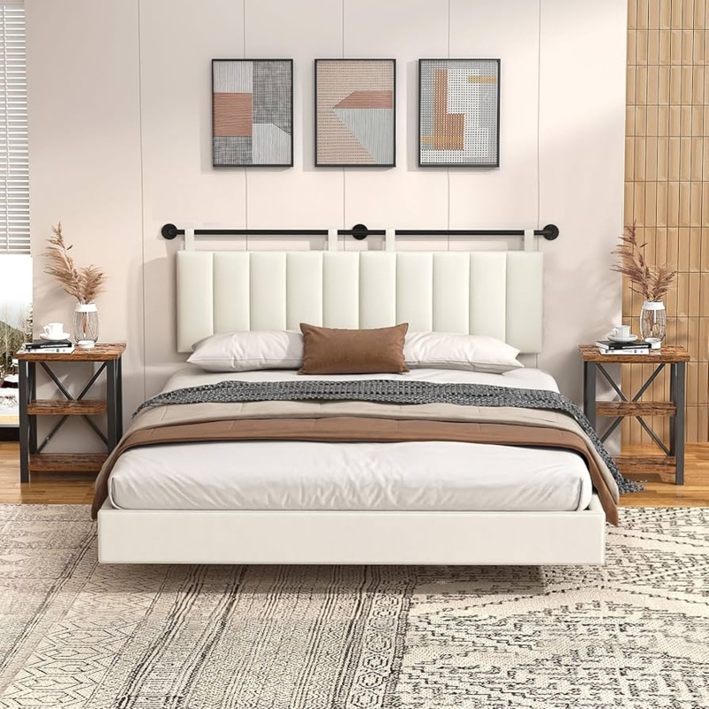 Vertical Channel Tufted Headboard, Beige Velvet on Rod