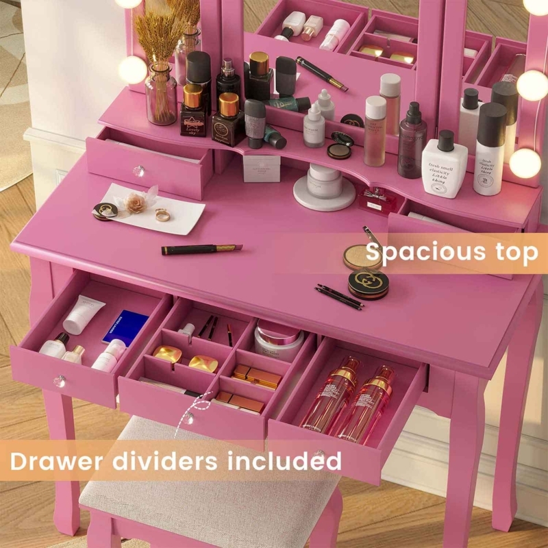 Vibrant Pink Vanity with Trifold Lighted Mirror and Dividers