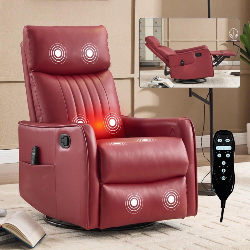 Vibrant Red Swivel Recliner with Massage Nodes and Rocker Base