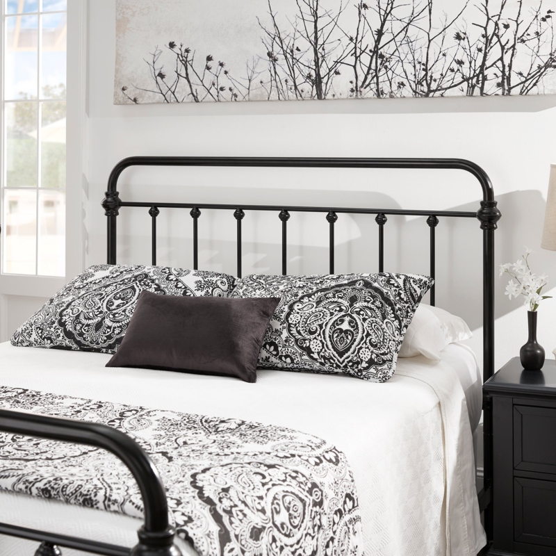 Victorian Bed Frame Black Metal, Curved Top Rail and Ball Finials