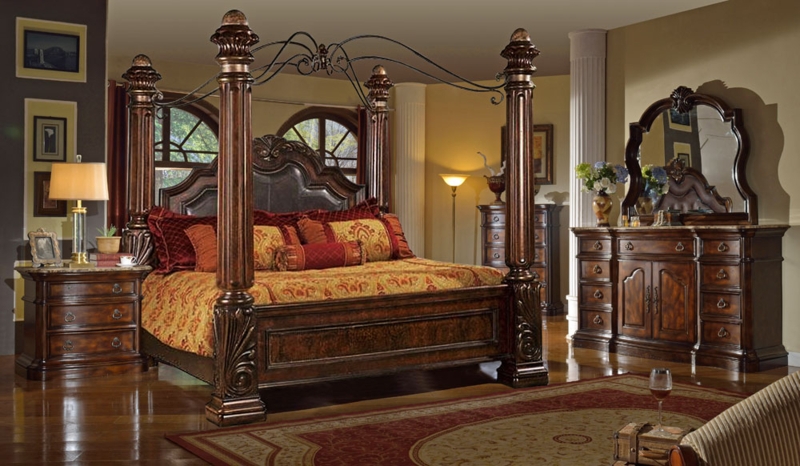 Victorian Canopy Bed with High Sheen Finish and Ornate Wood Carvings