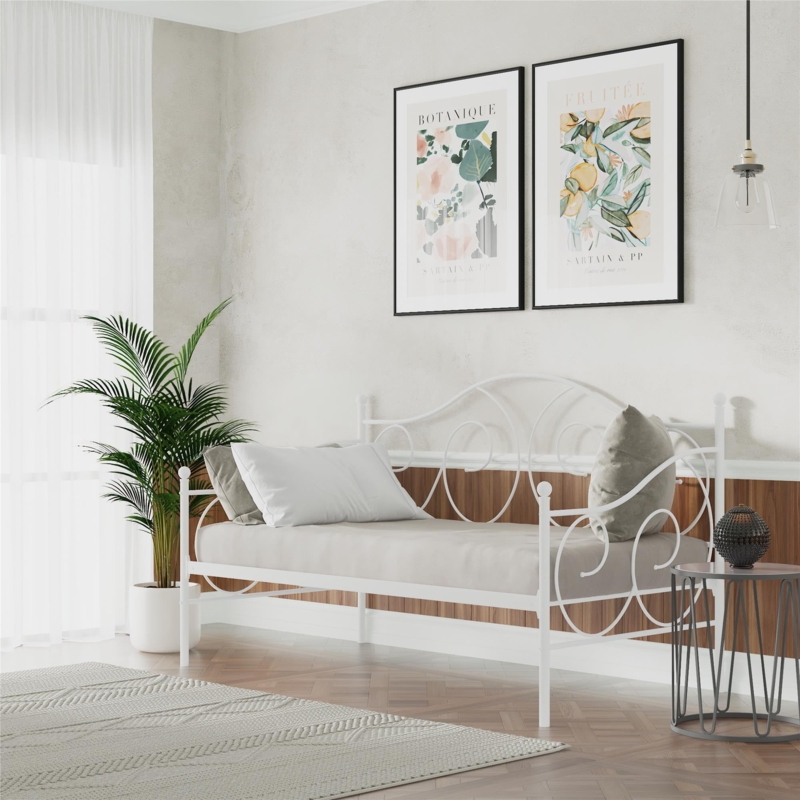 Victorian Scrollwork Daybed Frame with Finials, White Metal
