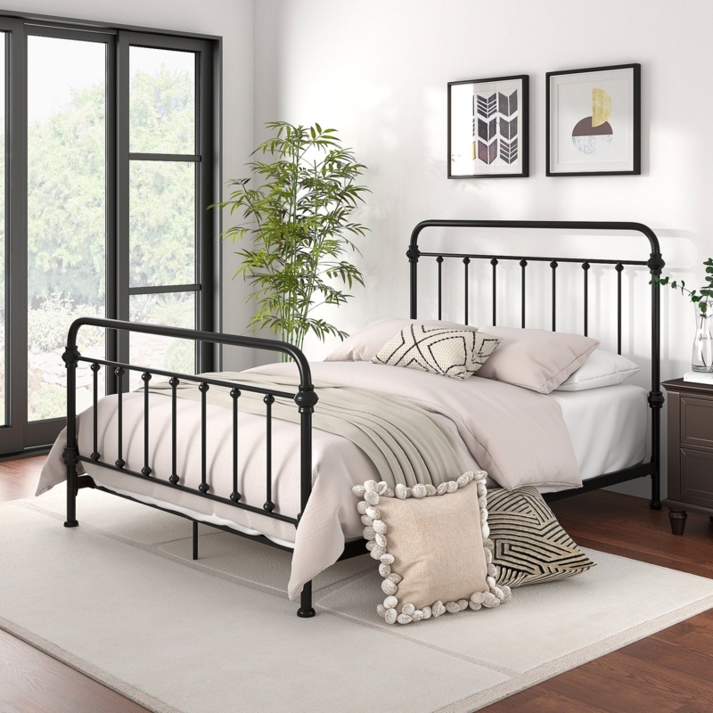 Victorian Spindle Bed Frame, Matte Black Iron Bed