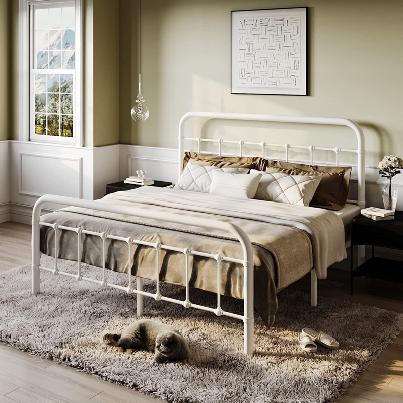 Vintage Metal Bed Frame White Spindle Silhouette Farmhouse Style