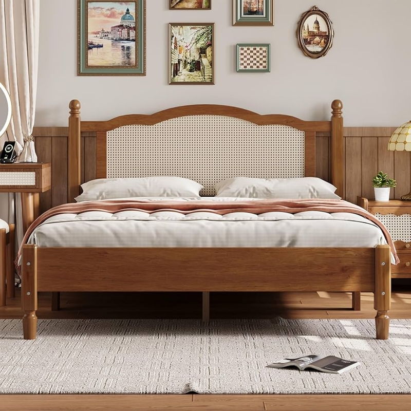 Vintage Platform Bed Walnut Wood with Cane Inlay and Ball Finials