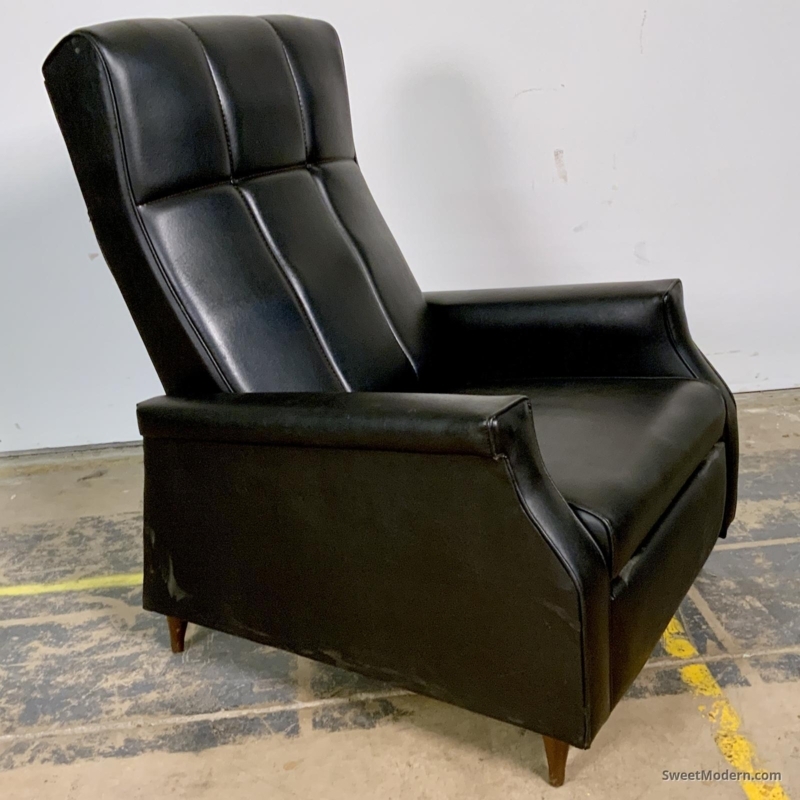 Vintage Recliner Black Leather-Like Stitched Grid Back Sloping Arms
