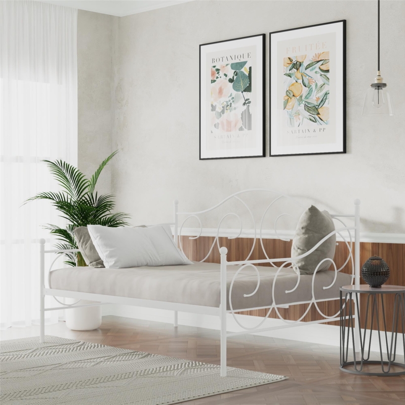 Vintage Scroll Daybed Frame in White Metal with Ornate Finials