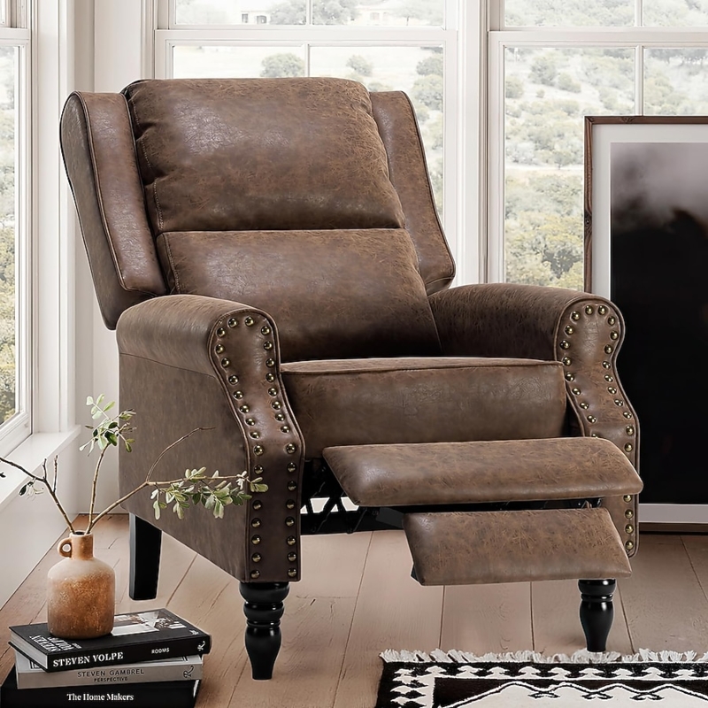 Vintage Style Brown Faux Leather Recliner with Nailhead Trim