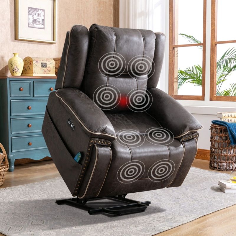 Vintage Style Brown Vegan Leather Lift Recliner with Nailhead Trim
